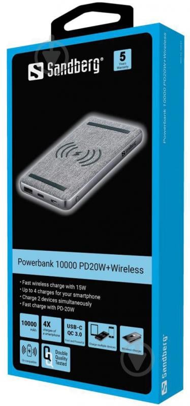 Повербанк Sandberg PD20W Wireless 10000 mAh grey (420-61) - фото 2