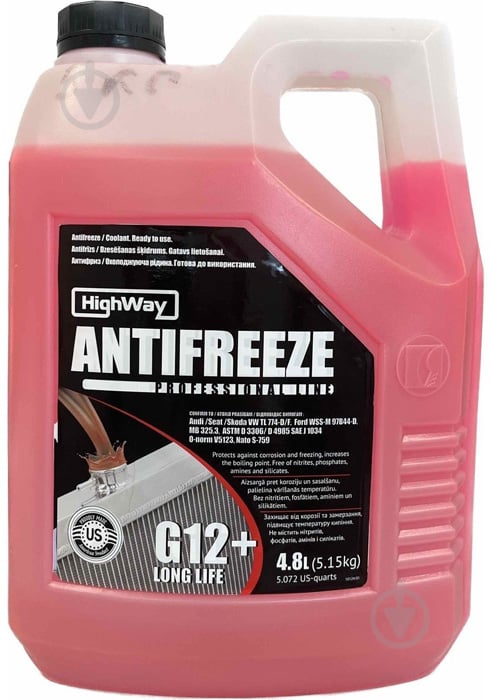 Антифриз HighWay Antifreeze Long Life G12+ від -40 до +110 4,8 л червоний - фото 1