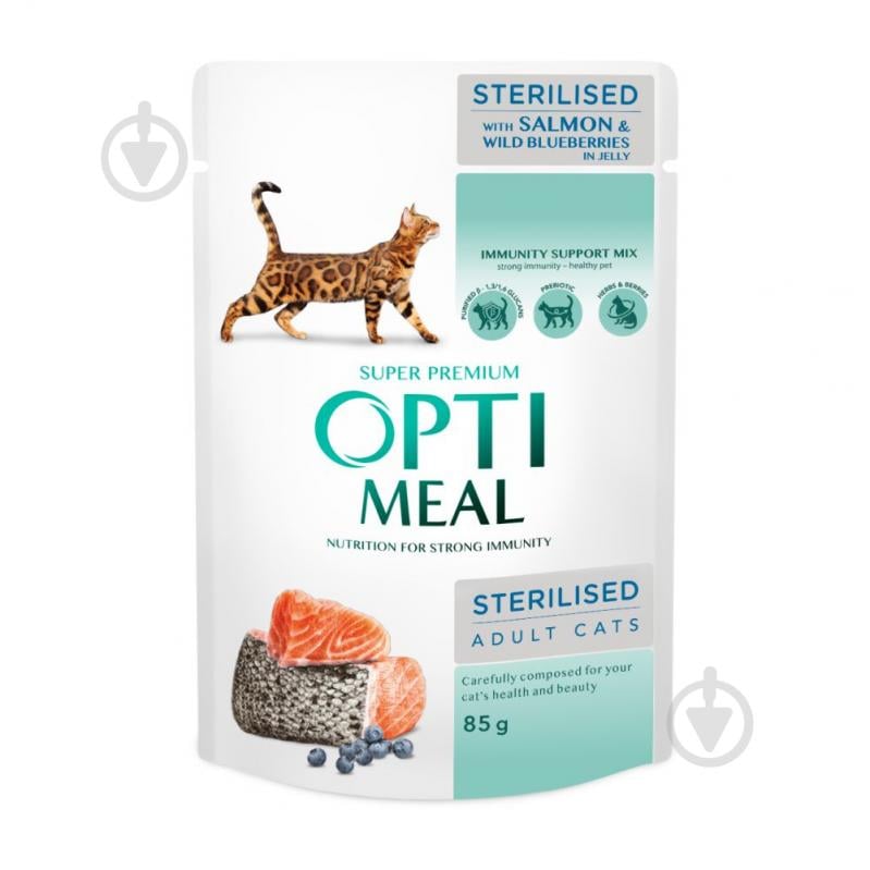 Корм для стерилізованих кішок та кастрованих котів Optimeal з лососем та чорницею у желе 85 г - фото 1