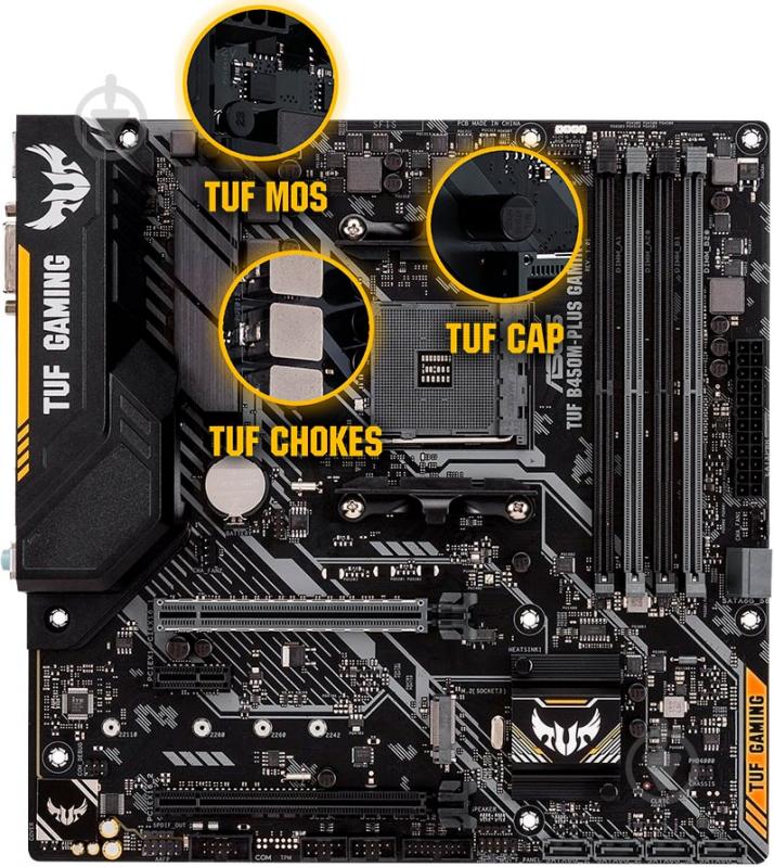 Материнська плата Asus TUF B450M-PLUS GAMING (Socket AM4, AMD B450, mirco ATX) - фото 5 Материнська плата Asus TUF B450M-PLUS GAMING (Socket AM4, AMD B450, mirco ATX) - фото 5