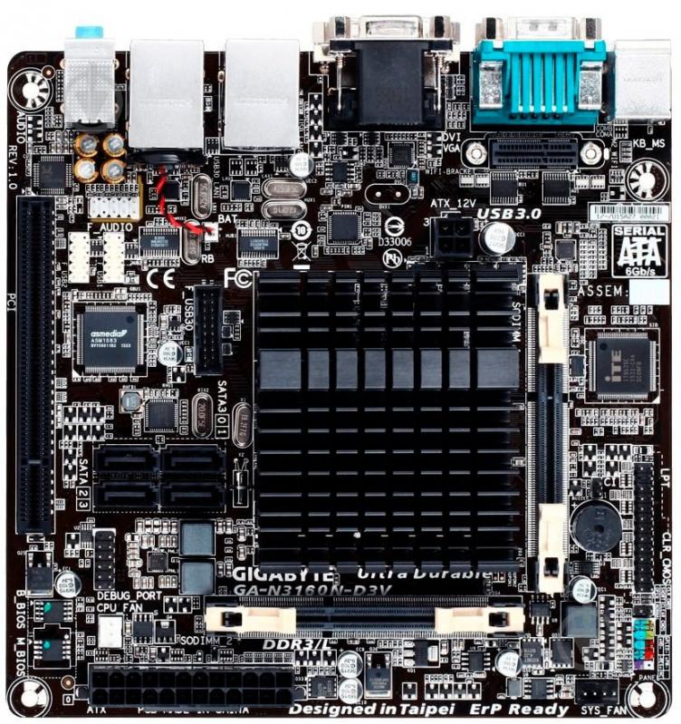 Материнская плата Gigabyte GA-N3160N-D3V (Integrated CPU, SoC, mini ITX) - фото 1