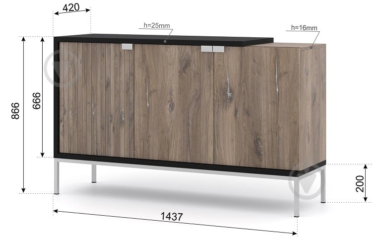 Комод BIM Furniture Toledo 1430x870x420 мм чорний матовий/дуб флагстафф (TOLEDO_CABINET_143_3D_FLAGSTAF) - фото 3