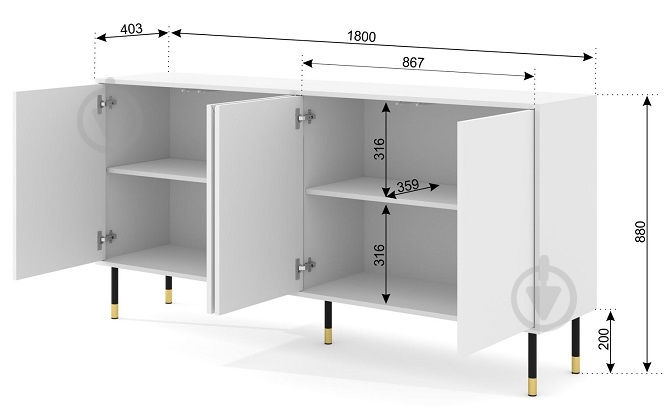 Комод BIM Furniture Woody 4д 1800x880x400 мм золотий/білий матовий (WOODY_CABINET_4D_180_WHITE_MAT) - фото 3 Комод BIM Furniture Woody 4д 1800x880x400 мм золотий/білий матовий (WOODY_CABINET_4D_180_WHITE_MAT) - фото 3