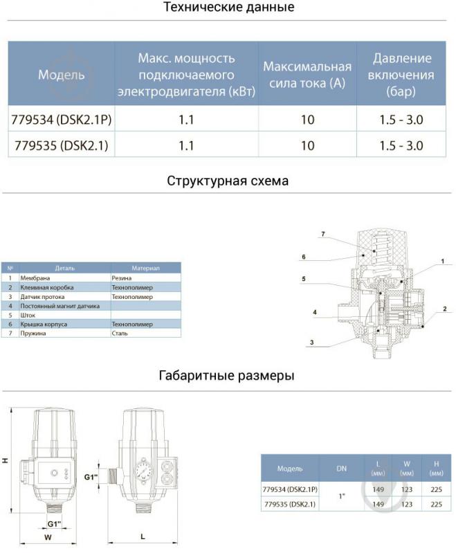 Контроллер давления Aquatica электронный 1.1кВт Ø1 с регулировкой давления 1.5-3.0 bar (779535) - фото 2