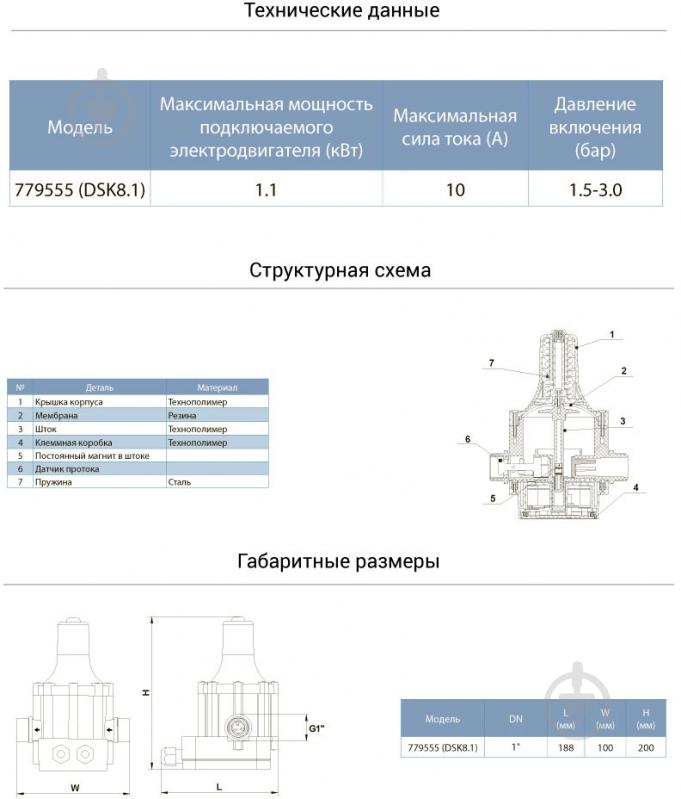 Контроллер давления Aquatica электронный 1.1кВт Ø1 (779555) - фото 2