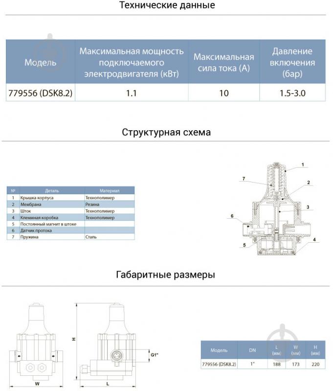 Контроллер давления Aquatica электронный 1.1кВт Ø1 + розетка (779556) - фото 2