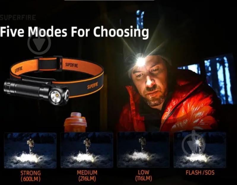 Фонарь рабочий SuperFire 600 Lm черный TH04 - фото 2 Фонарь рабочий SuperFire 600 Lm черный TH04 - фото 2