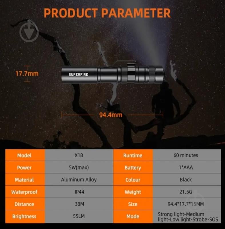 Ліхтарик кишеньковий SuperFire 55 Lm чорний X18 - фото 5 Ліхтарик кишеньковий SuperFire 55 Lm чорний X18 - фото 5