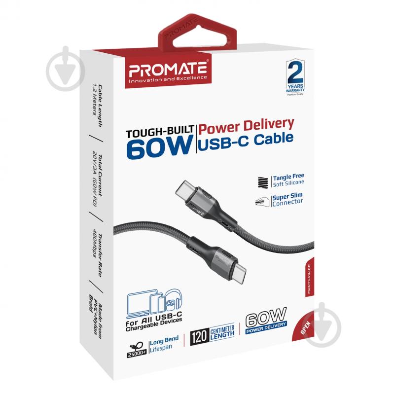 Кабель Promate FletchLink-СС USB-C to USB-C 60W Power Delivery 1,2 м black (fletchlink-cc.black) - фото 6 Кабель Promate FletchLink-СС USB-C to USB-C 60W Power Delivery 1,2 м black (fletchlink-cc.black) - фото 6