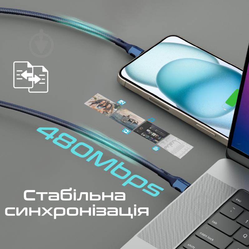Кабель Promate FletchLink-СС USB-C to USB-C 60W Power Delivery 1,2 м Blue (fletchlink-cc.blue) - фото 3 Кабель Promate FletchLink-СС USB-C to USB-C 60W Power Delivery 1,2 м Blue (fletchlink-cc.blue) - фото 3