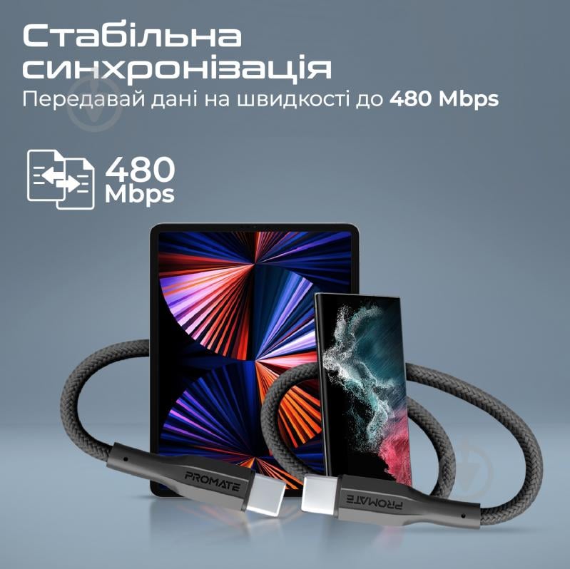 Кабель Promate xCord-CC200 USB-C to USB-C 3А 2 м black (xcord-cc200.black) - фото 3
