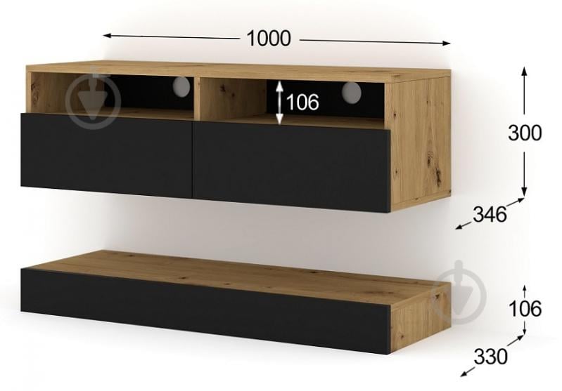 Тумба під ТВ BIM Furniture Duo 2д 1000x300x340 мм дуб артізан/чорний матовий (TV_STAND_DUO_100_PLATFORM_ARTI) - фото 3