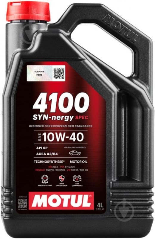 Моторна олива синтетична Motul 4100 Syn-nergy SPEC SAE 10W-40 4 л (387707) - фото 1 Моторна олива синтетична Motul 4100 Syn-nergy SPEC SAE 10W-40 4 л (387707) - фото 1