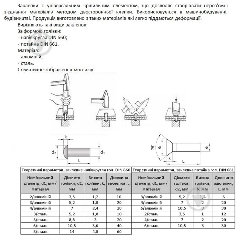 Заклепка під молоток з потайною головкою DIN 661 алюміній 3х6 мм 20 шт./уп. - фото 2