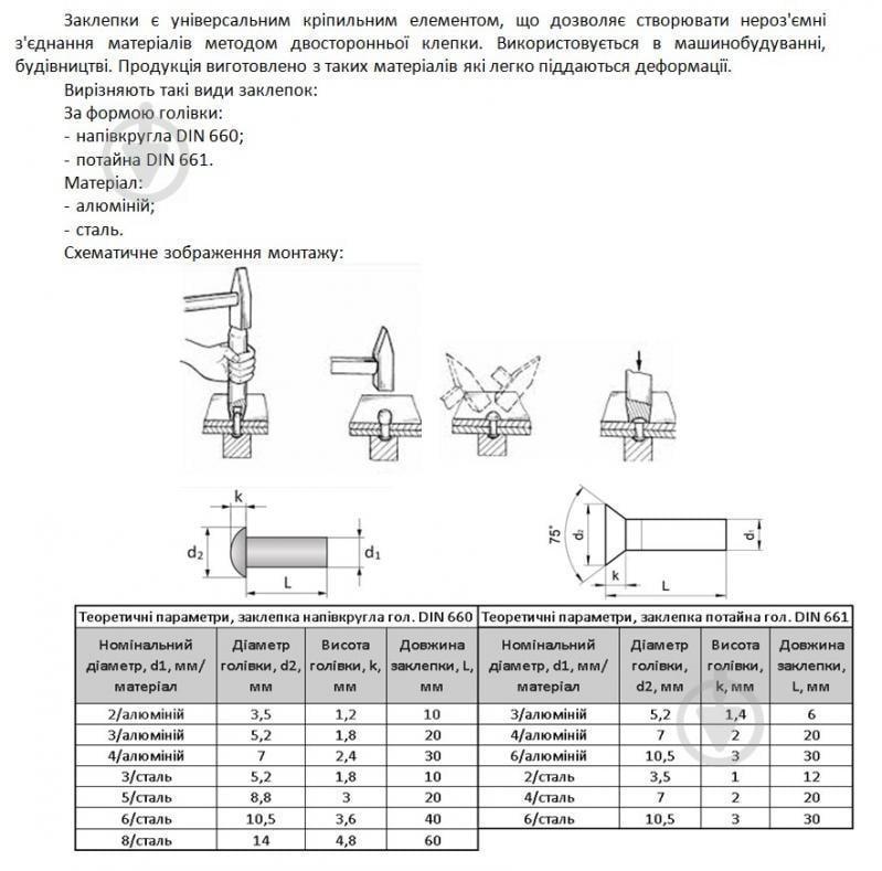 Заклепка под молоток с потайной головкой DIN 661 алюмини 4х20 мм 10 шт./уп. - фото 2