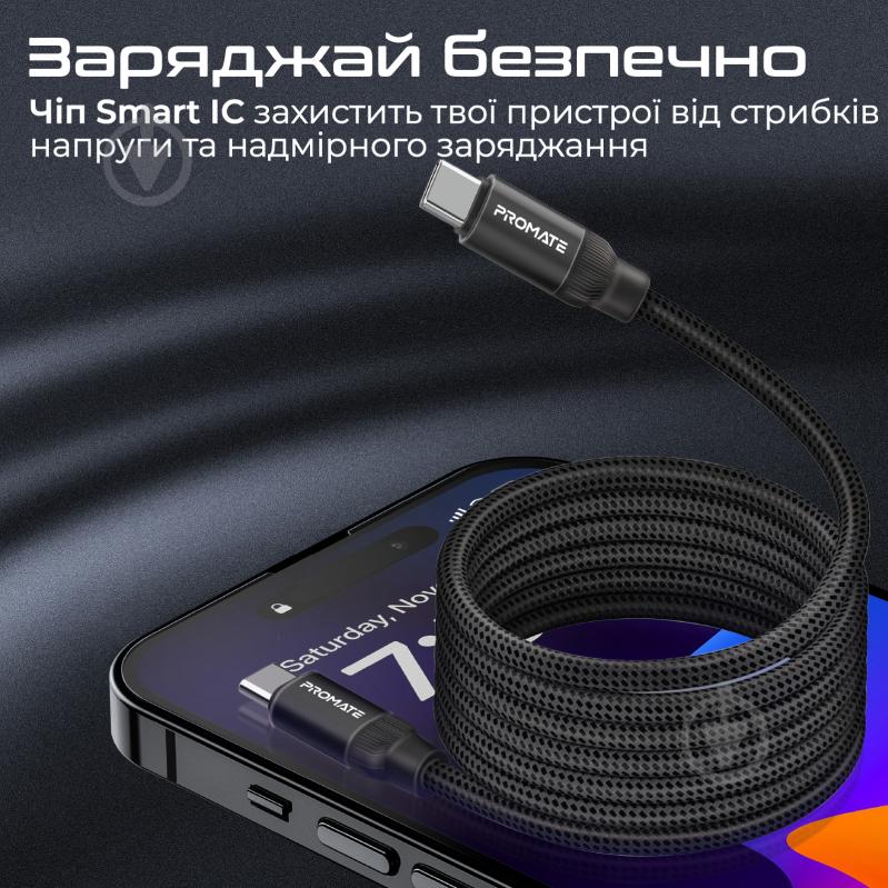 Кабель Promate Springy USB-C to USB-C 60W Power Delivery 1,2 м black (springy.black) - фото 6