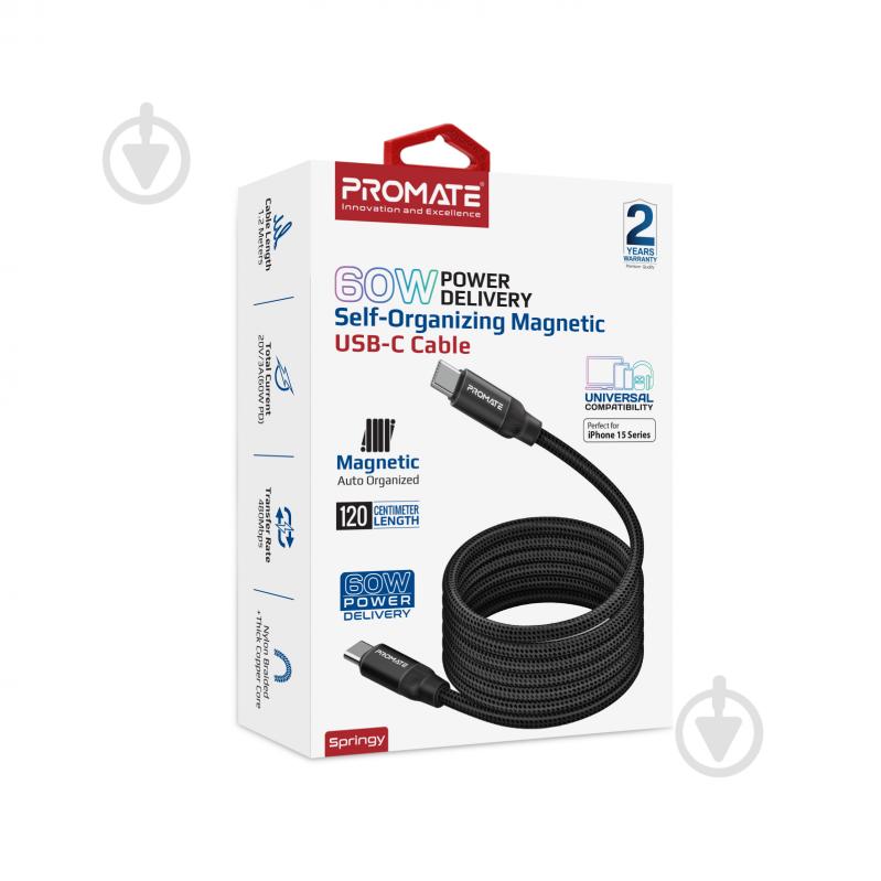 Кабель Promate Springy USB-C to USB-C 60W Power Delivery 1,2 м black (springy.black) - фото 8