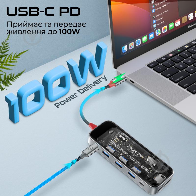 USB-хаб Promate 9-в-1 TransHub-Go USB-C PD/HDMI/USB-C/USB-А 3.0/2хUSB-А 2.0/RJ45/SD/TF Grey - фото 2