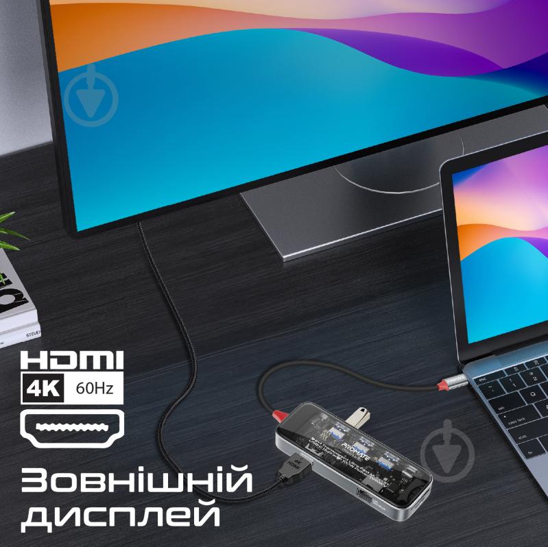 USB-хаб Promate 9-в-1 TransHub-Go USB-C PD/HDMI/USB-C/USB-А 3.0/2хUSB-А 2.0/RJ45/SD/TF Grey - фото 3