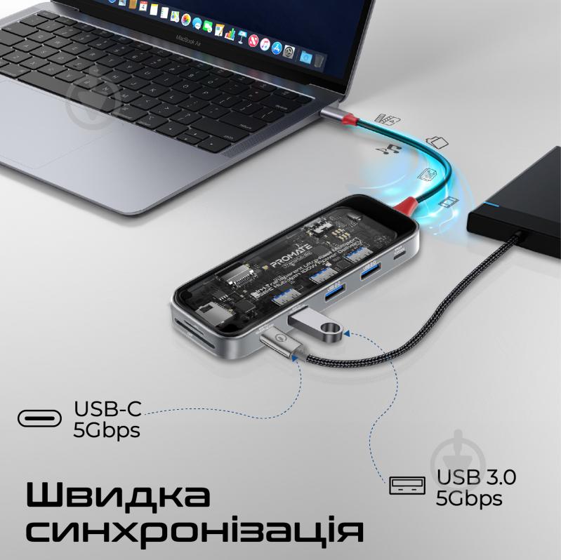 USB-хаб Promate 9-в-1 TransHub-Go USB-C PD/HDMI/USB-C/USB-А 3.0/2хUSB-А 2.0/RJ45/SD/TF Grey - фото 4