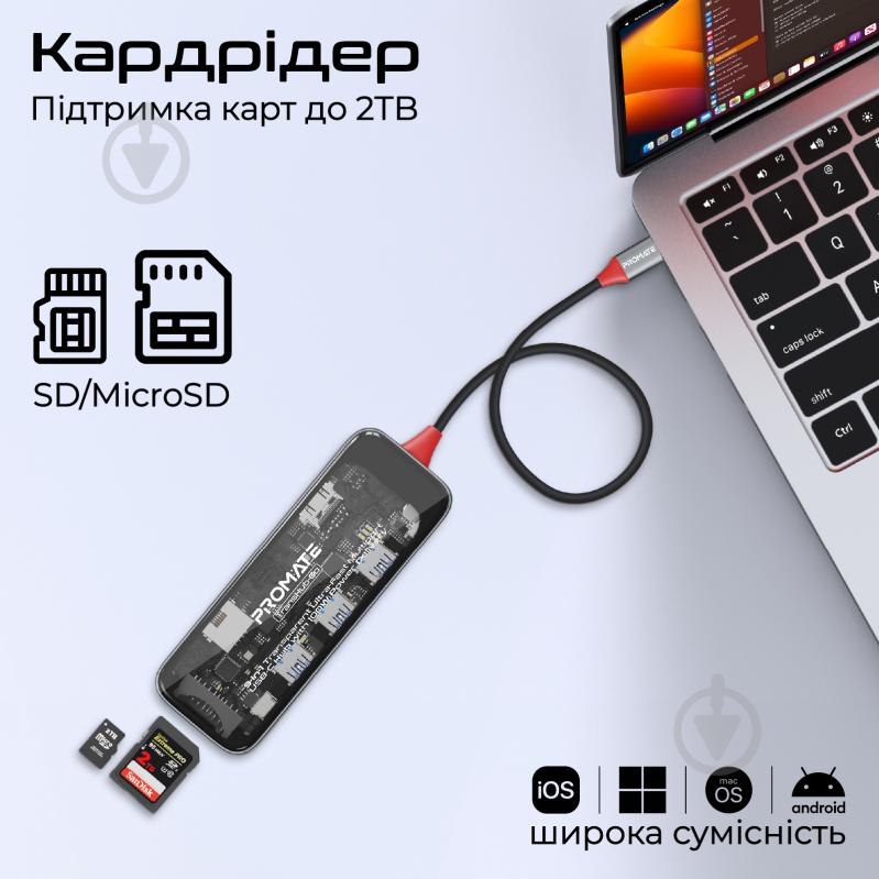 USB-хаб Promate 9-в-1 TransHub-Go USB-C PD/HDMI/USB-C/USB-А 3.0/2хUSB-А 2.0/RJ45/SD/TF Grey - фото 6