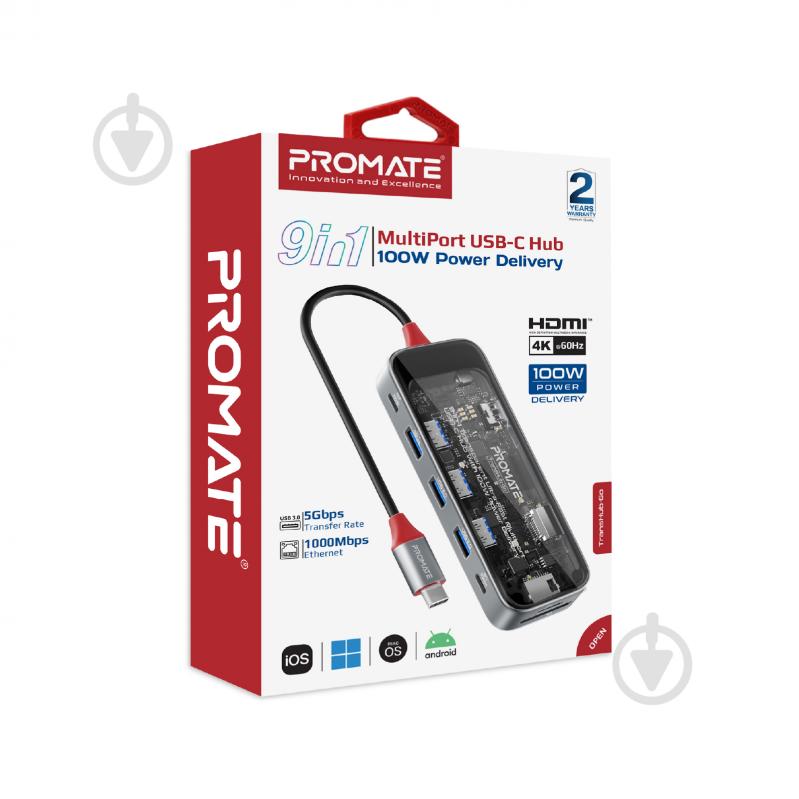 USB-хаб Promate 9-в-1 TransHub-Go USB-C PD/HDMI/USB-C/USB-А 3.0/2хUSB-А 2.0/RJ45/SD/TF Grey - фото 8