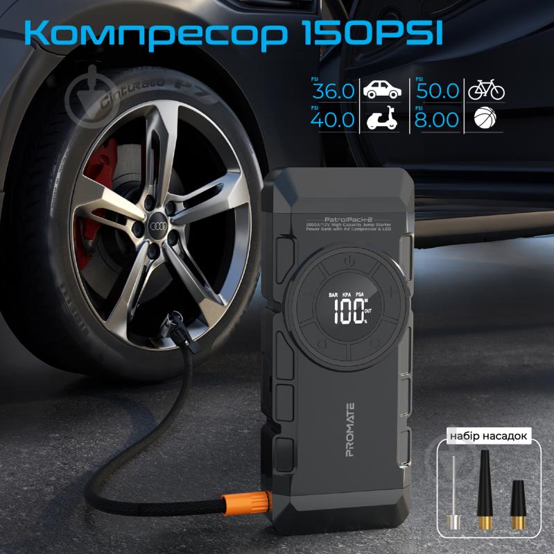 Повербанк Promate PatrolPack-2 12000 mAh black (patrolpack-2) 2000A Jump Starter USB-С, USB-А, DC, LED - фото 5