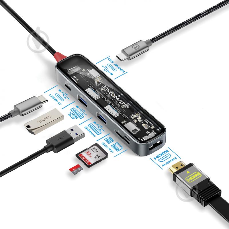 USB-хаб Promate 7-в-1 TransHub-Lite USB-C PD/HDMI/USB-C/USB 3.0/USB 2.0/SD/MicroSD Grey - фото 1