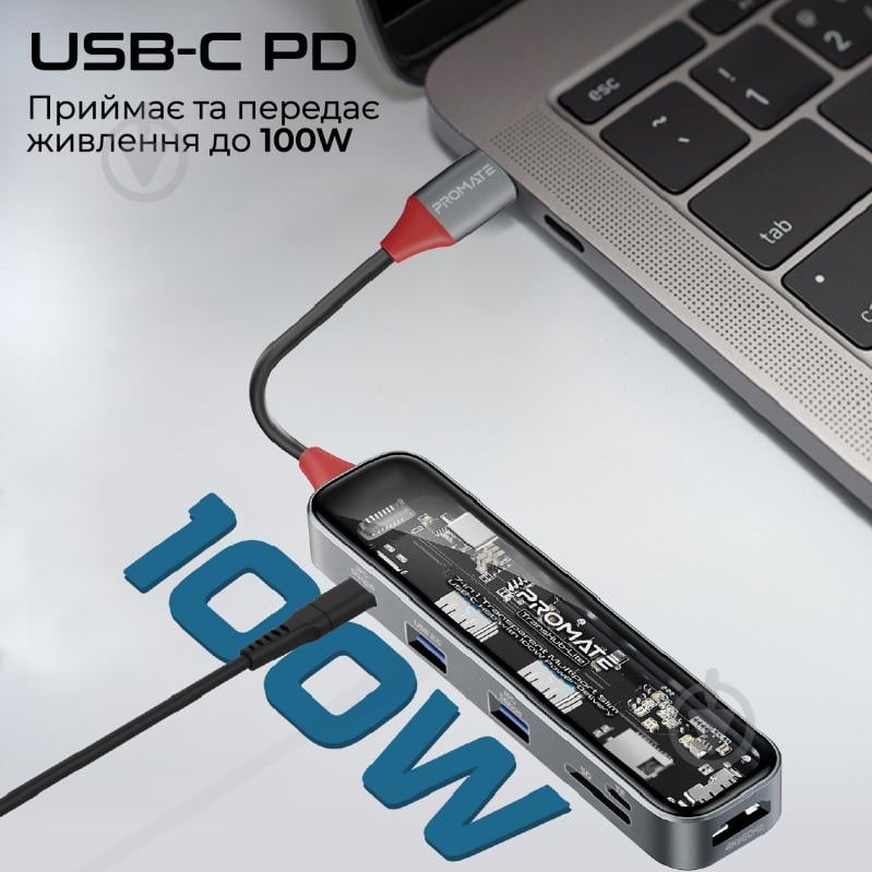 USB-хаб Promate 7-в-1 TransHub-Lite USB-C PD/HDMI/USB-C/USB 3.0/USB 2.0/SD/MicroSD Grey - фото 2