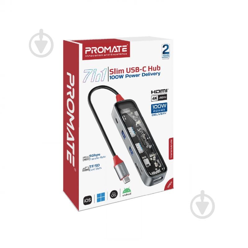 USB-хаб Promate 7-в-1 TransHub-Lite USB-C PD/HDMI/USB-C/USB 3.0/USB 2.0/SD/MicroSD Grey - фото 8