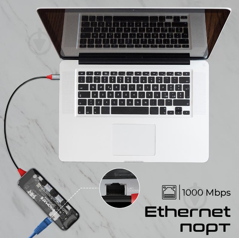 USB-хаб Promate 8-в-1 TransHub-Mini USB-C PD/HDMI/USB-C/2xUSB 3.0/RJ45/SD/MicroSD Grey - фото 5