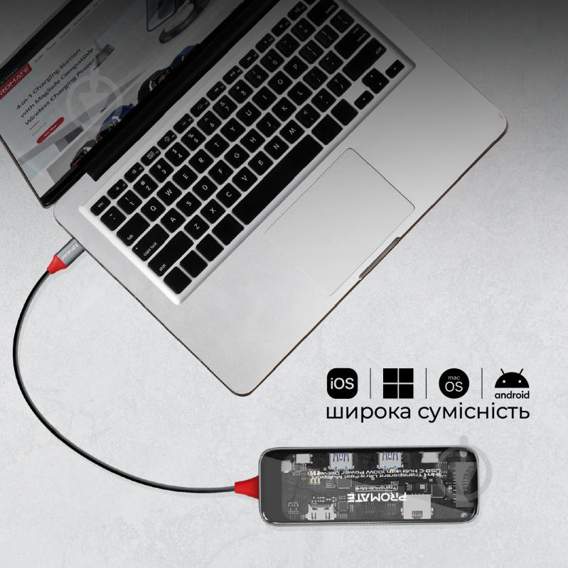 USB-хаб Promate 8-в-1 TransHub-Mini USB-C PD/HDMI/USB-C/2xUSB 3.0/RJ45/SD/MicroSD Grey - фото 7