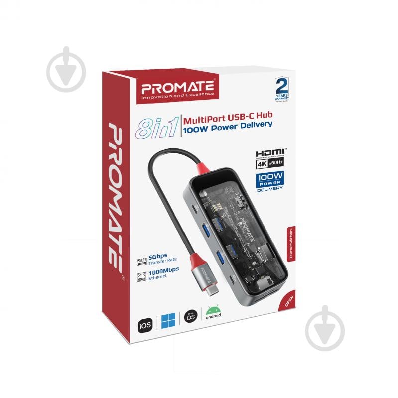 USB-хаб Promate 8-в-1 TransHub-Mini USB-C PD/HDMI/USB-C/2xUSB 3.0/RJ45/SD/MicroSD Grey - фото 8