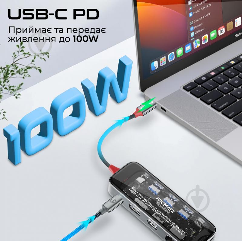 USB-хаб Promate 11-в-1 TransHub-Pro USB-C PD/HDMI/DP/USB-C/USB 3.0/2xUSB 2.0/RJ45/SD/MicroSD/AUX 3.5 мм Grey - фото 2