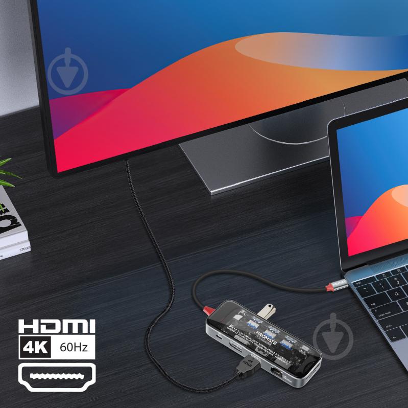 USB-хаб Promate 11-в-1 TransHub-Pro USB-C PD/HDMI/DP/USB-C/USB 3.0/2xUSB 2.0/RJ45/SD/MicroSD/AUX 3.5 мм Grey - фото 3