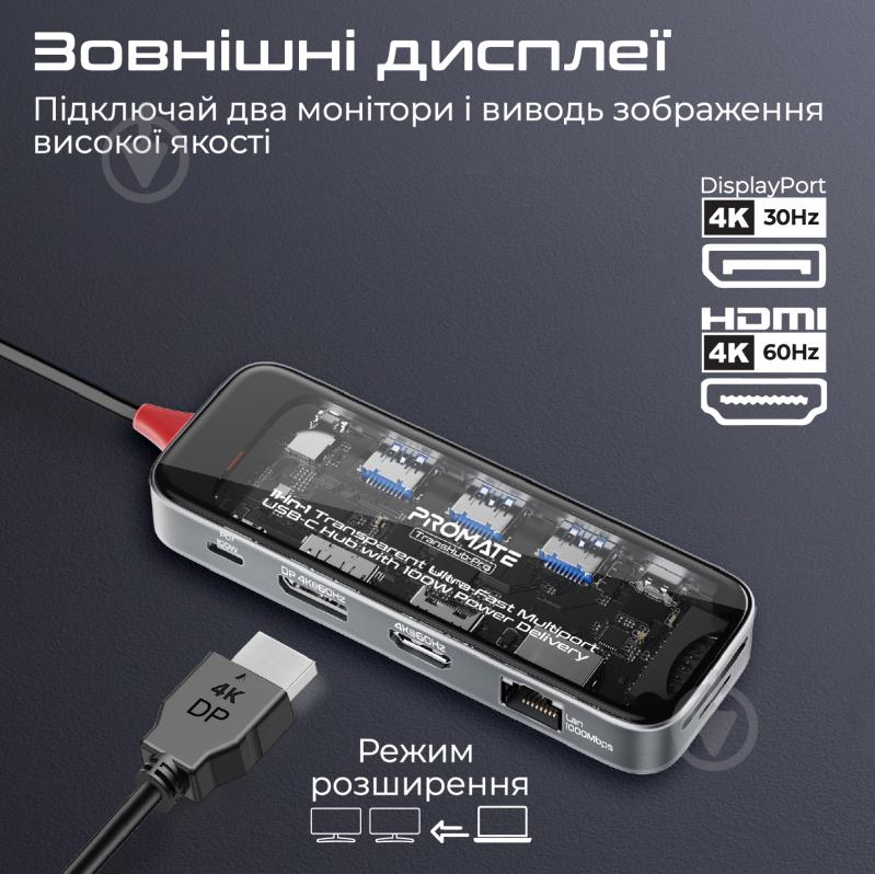 USB-хаб Promate 11-в-1 TransHub-Pro USB-C PD/HDMI/DP/USB-C/USB 3.0/2xUSB 2.0/RJ45/SD/MicroSD/AUX 3.5 мм Grey - фото 4