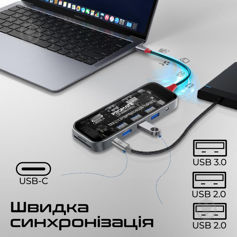 USB-хаб Promate 11-в-1 TransHub-Pro USB-C PD/HDMI/DP/USB-C/USB 3.0/2xUSB 2.0/RJ45/SD/MicroSD/AUX 3.5 мм Grey - фото 5