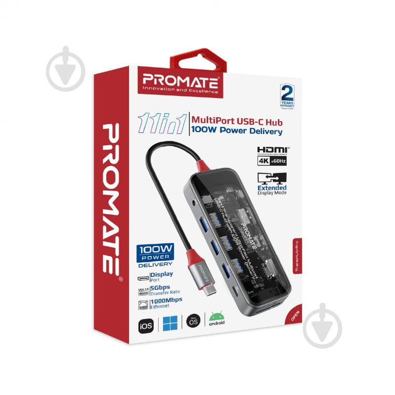 USB-хаб Promate 11-в-1 TransHub-Pro USB-C PD/HDMI/DP/USB-C/USB 3.0/2xUSB 2.0/RJ45/SD/MicroSD/AUX 3.5 мм Grey - фото 9