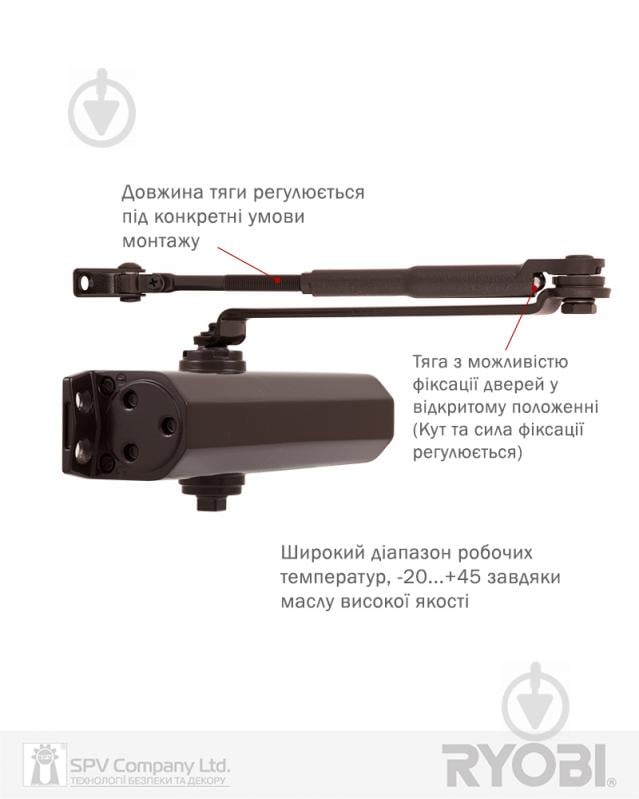 Доводчик дверной RYOBI DS-1554 стандартная тяга с фиксацией коричневый 80 кг - фото 3