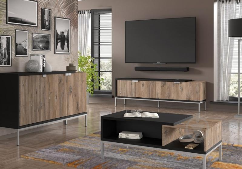 Тумба під ТВ BIM Furniture Toledo 4д 1900x620x420 мм чорний матовий/дуб флагшток (TOLEDO_TV_STAND_200_4D_FLAGSTA) - фото 5 Тумба під ТВ BIM Furniture Toledo 4д 1900x620x420 мм чорний матовий/дуб флагшток (TOLEDO_TV_STAND_200_4D_FLAGSTA) - фото 5