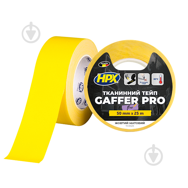 Клейка стрічка HPX GAFFER PRO жовта матова 50 мм 25 м - фото 1