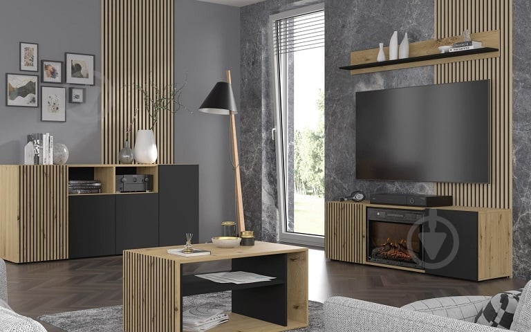 Тумба під ТВ BIM Furniture Auris 1488x502x420 мм чорний матовий/дуб артізан(AURIS_RTV_150_FIREPLACE_DA_CM) - фото 4 Тумба під ТВ BIM Furniture Auris 1488x502x420 мм чорний матовий/дуб артізан(AURIS_RTV_150_FIREPLACE_DA_CM) - фото 4