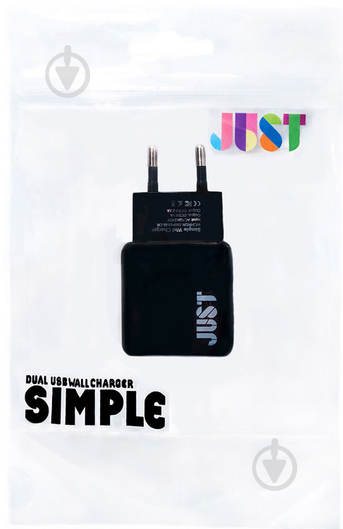 Мережевий зарядний пристрій JUST Simple Dual USB Wall Charger (2.1A/2USB, 10W) Black (WCHRGR-SMP22-BLCK) - фото 3