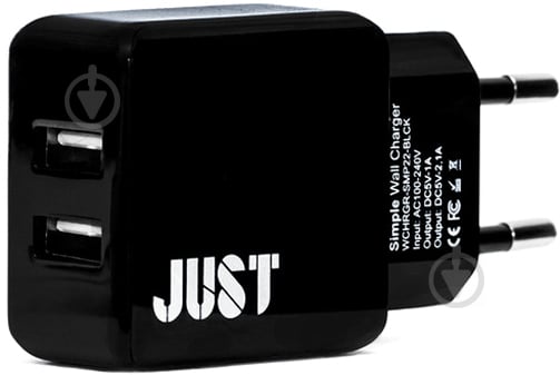 Мережевий зарядний пристрій JUST Simple Dual USB Wall Charger (2.1A/2USB, 10W) Black (WCHRGR-SMP22-BLCK) - фото 1