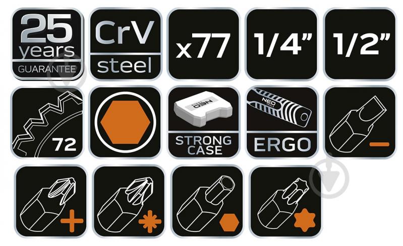 Головка NEO tools 1/4"(F)×3/8"(M) 77 шт. 08-915 - фото 9 Головка NEO tools 1/4"(F)×3/8"(M) 77 шт. 08-915 - фото 9