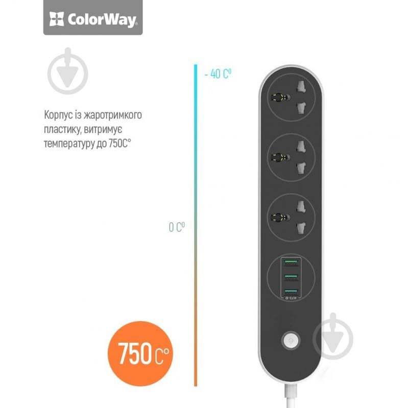 Удлинитель ColorWay Сетевой фильтр-удлинитель СolorWay 3 розетки/3USB black 3 гн. черный 1,8 м CW-CHU33B - фото 6