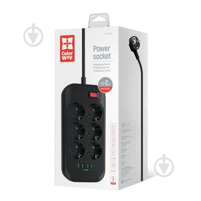 Сетевой фильтр ColorWay 6 гн. черный 2 м CW-CHE64B - фото 2