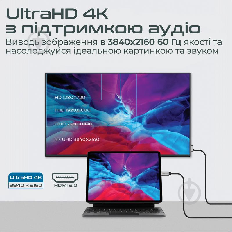 Кабель Promate HDMI-PD100 USB-C to HDMI/USB-C 1,8 м сірий (hdmi-pd100.grey) - фото 2