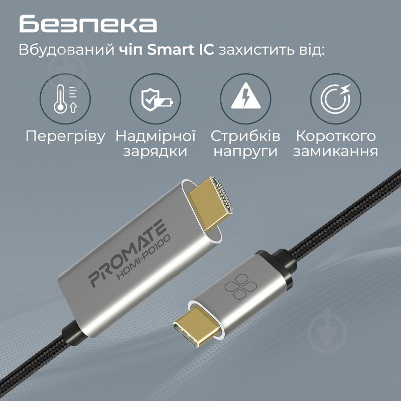 Кабель Promate HDMI-PD100 USB-C to HDMI/USB-C 1,8 м серый (hdmi-pd100.grey) - фото 6