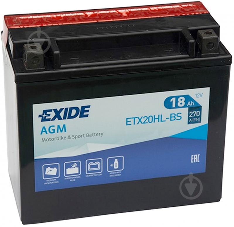 Аккумулятор автомобильный EXIDE AGM 18Ah 270A 12V «+» справа (ETX20HL-BS) - фото 1